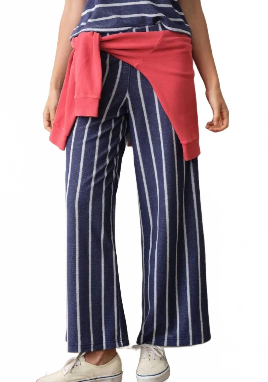 NEW MARINE LAYER beach terry wide leg pant in bay blue & white stripe